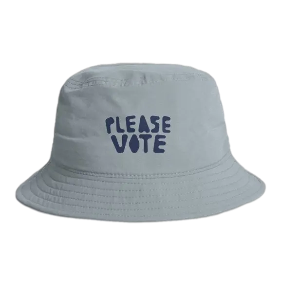 Powder blue bucket hat that says 'please vote'