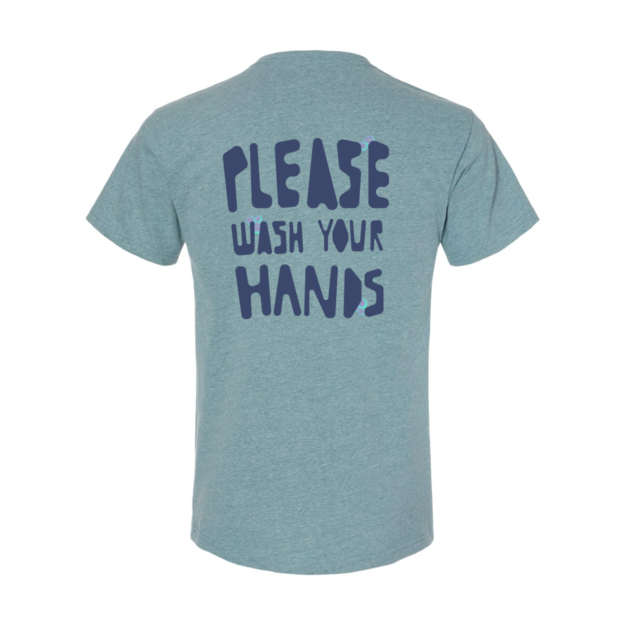 'Please wash your hands' on back of blue shirt